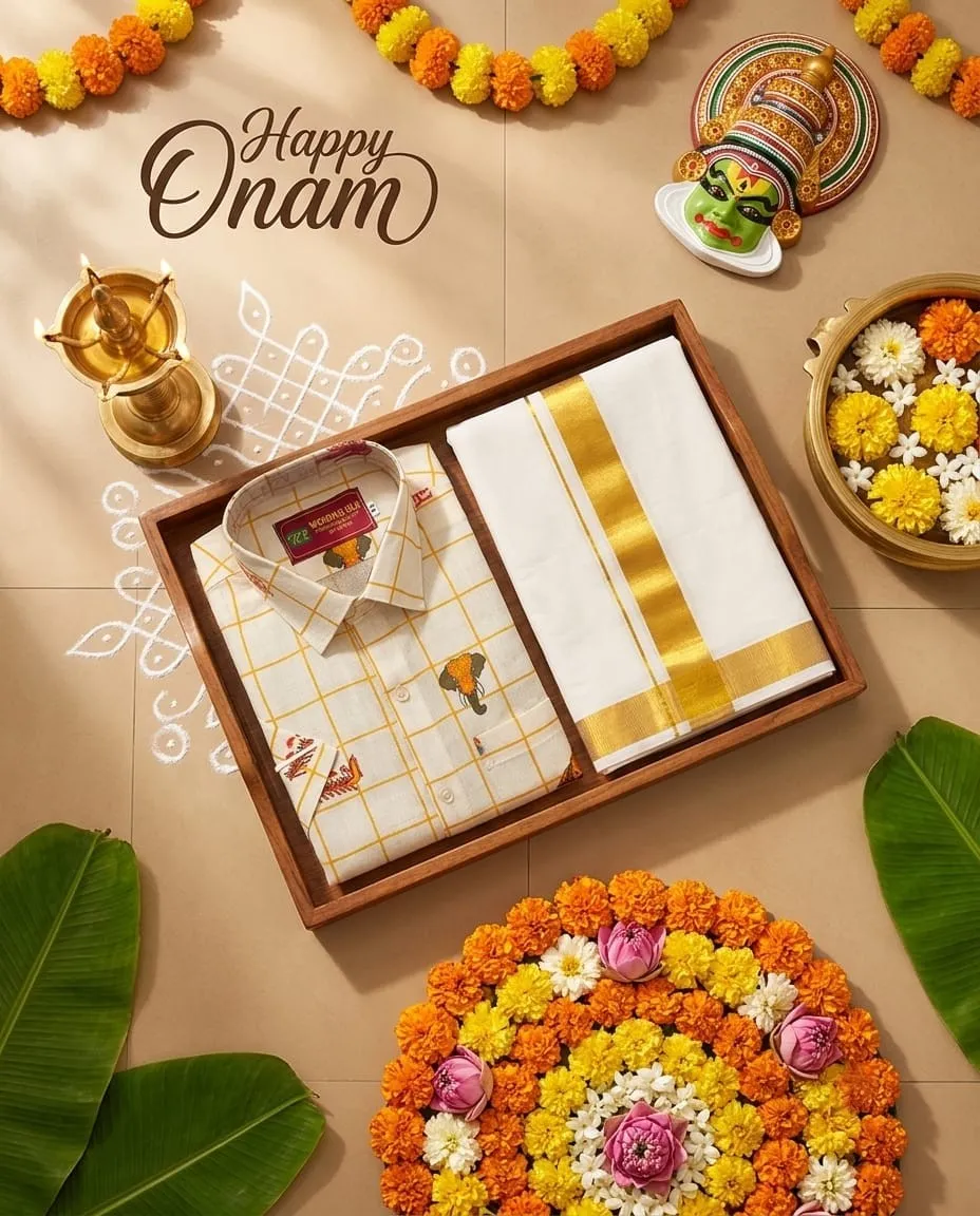 Onam Ivory Gold Check Motif Kasavu Cotton Men's Dhoti Set